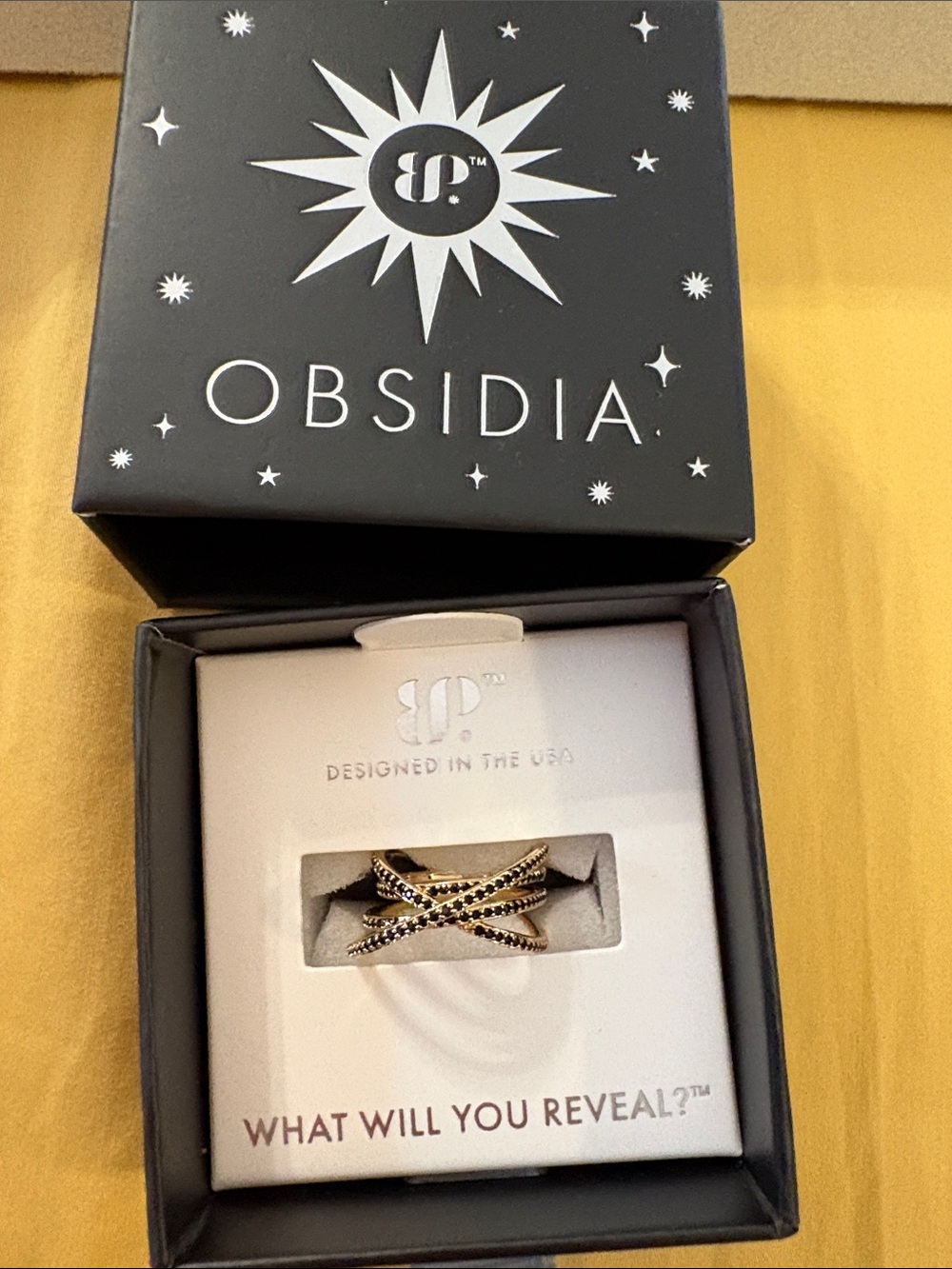 Obsidia Gold & Black Crisscross Ring — Women’s Stackable Fashion Ring